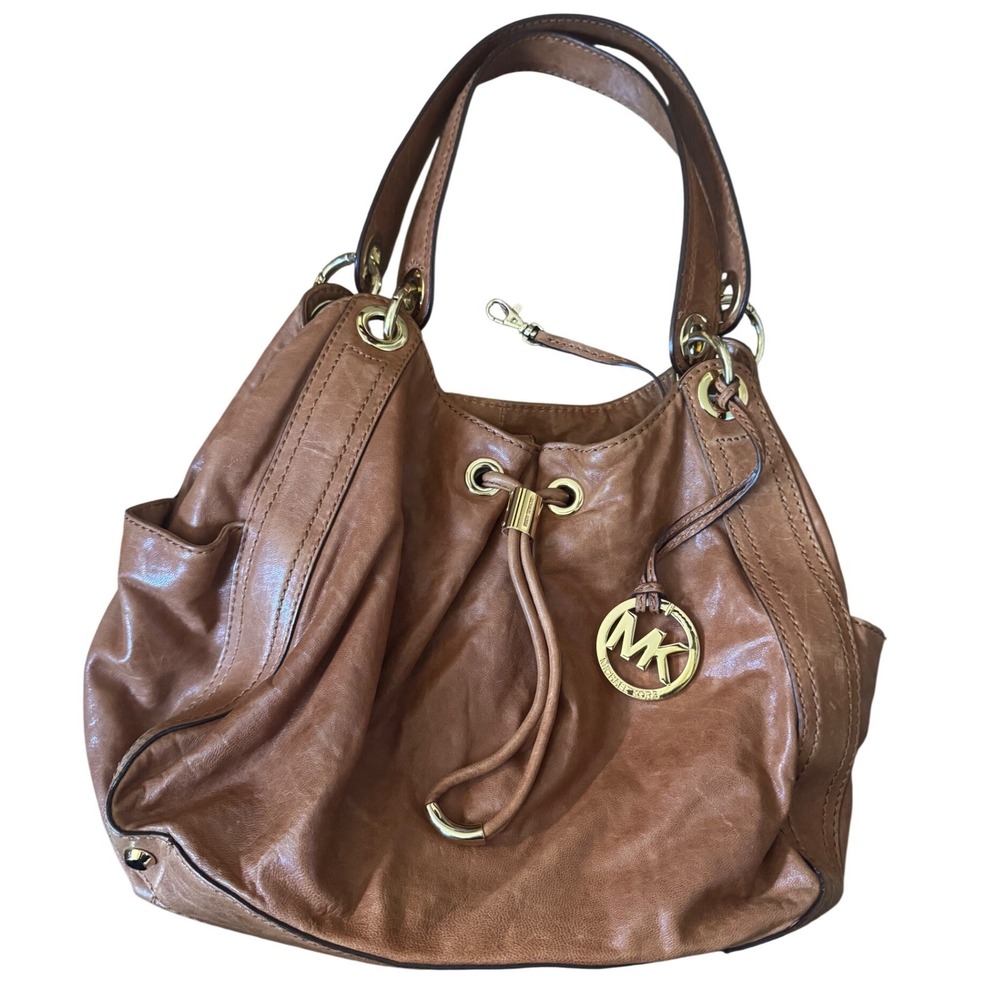 Michael Kors Leather Cognac Slouchy Drawstring Gold Tone Hardware Tote Bag - Picture 12 of 12